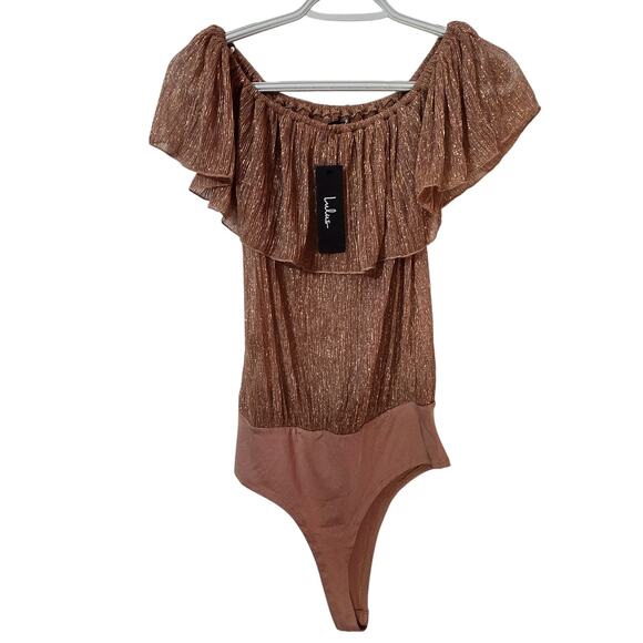 NWT Lulu's Gold Shiny Off The Shoulder Bodysuit - Picture 5 of 7